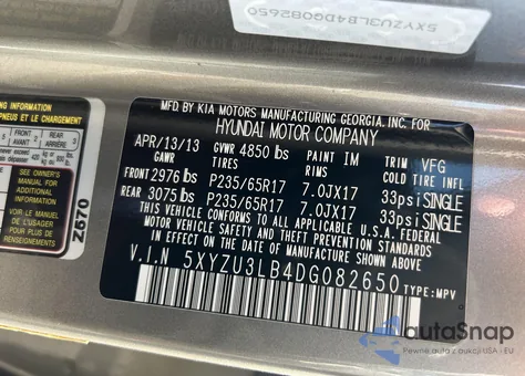 2013 Hyundai Santa Fe Sport из США, поврежденный, VIN 5XYZU3LB4DG082650